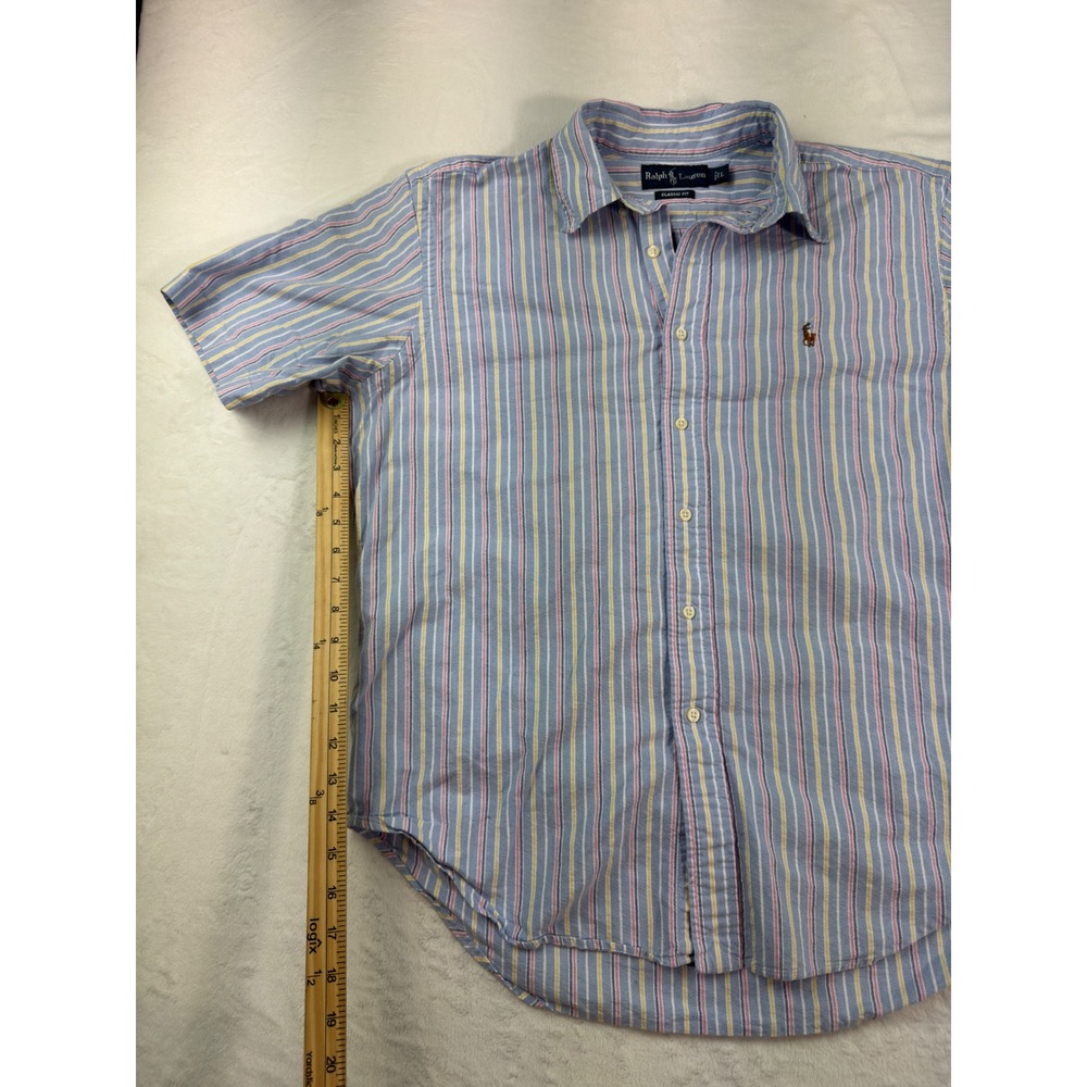 Ralph Lauren Classic Fit Mens Large Short Sleeve Striped Button Down Shirt Blue - Picture 5 of 6